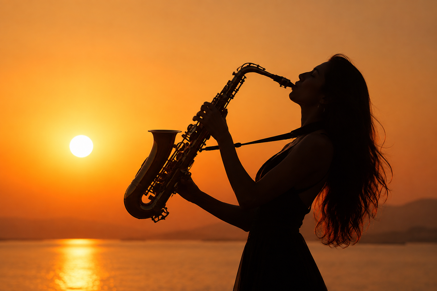Golden brass alto saxophone resting beside an open notebook and sheet music in warm afternoon sunlight